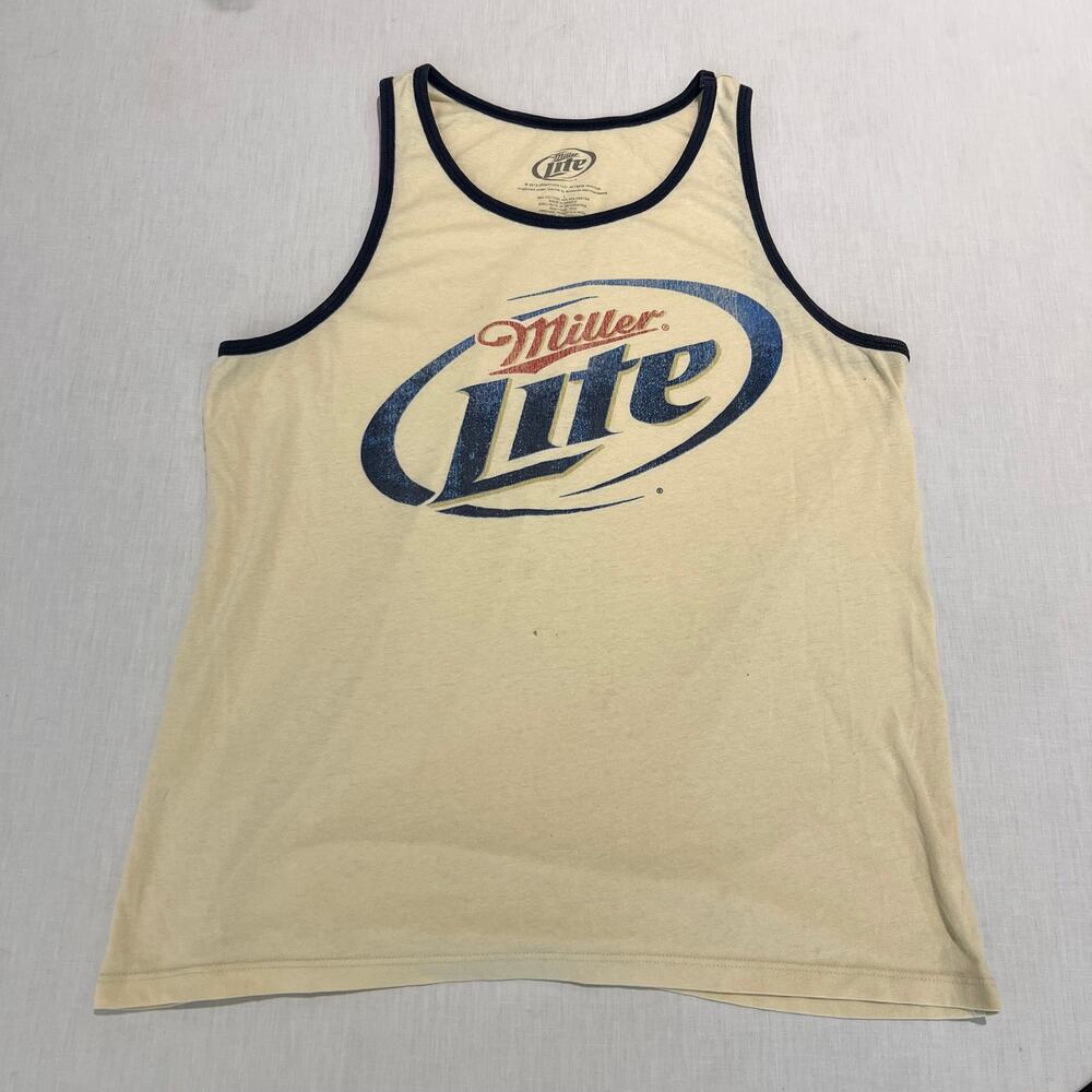 Miller Lite Beer Ringer Tank Top Cream Graphic Muscle Shirt Sz L